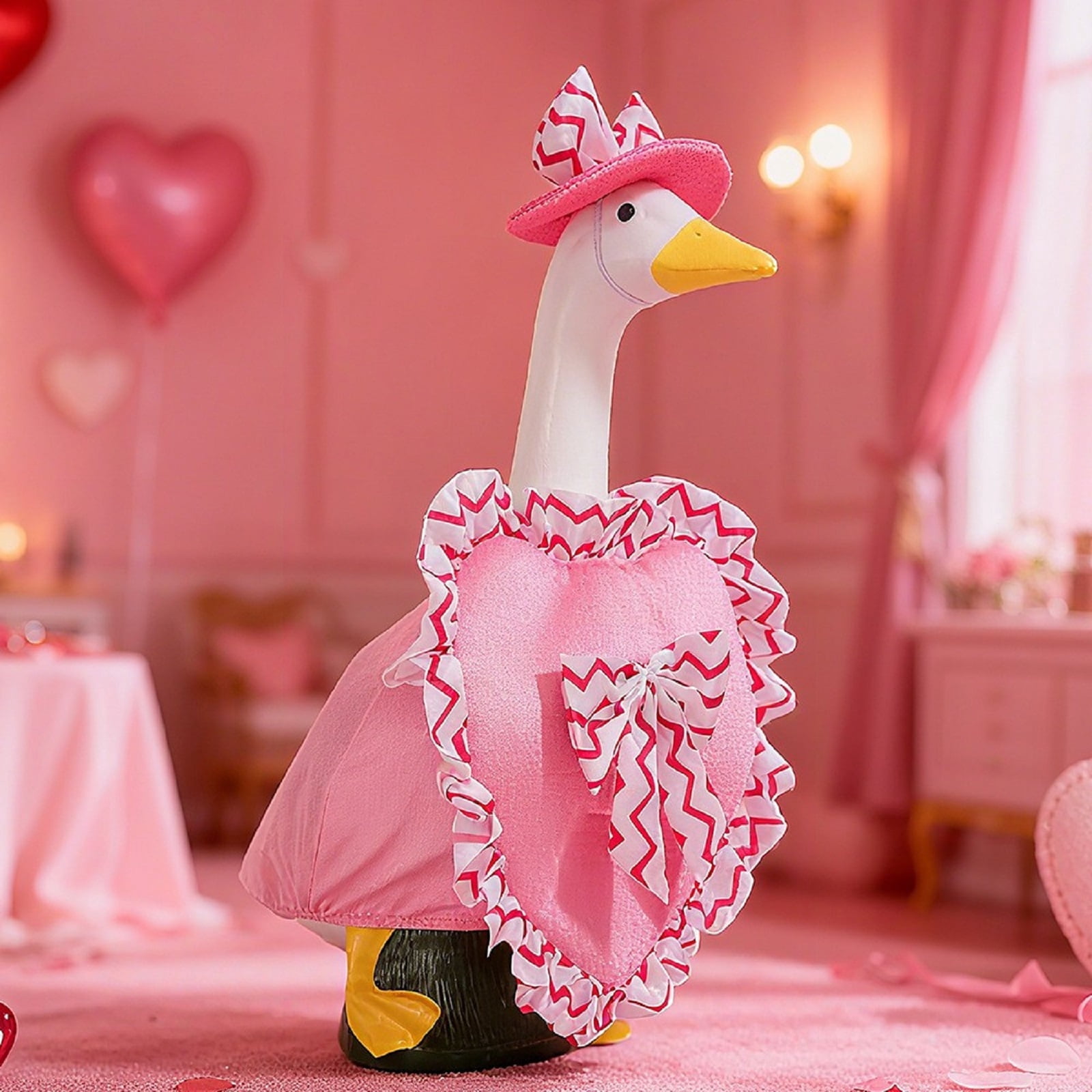 Valentine's Day Porch Goose Outfit, Goose Costume Red Heart Goose Statues Clothes, Valentines Day Decorations for Porch Lawn Yard Garden Outdoor Decor (Pink)