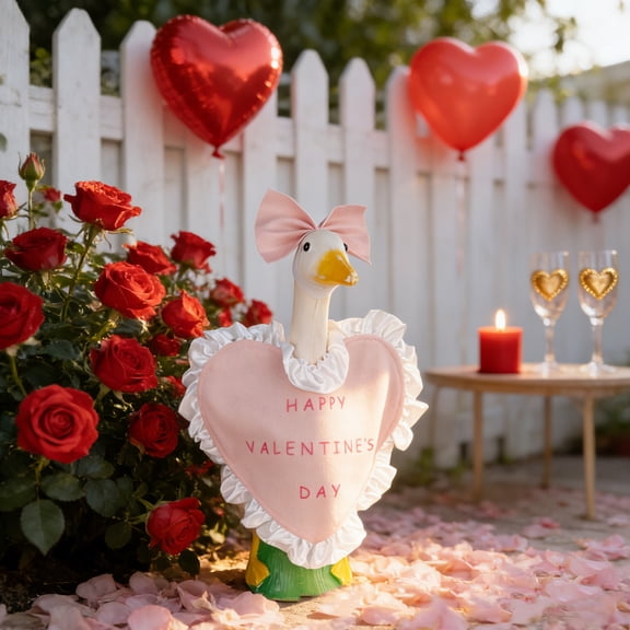 Valentine's Day Porch Goose Outfits Heart Lace Trim Porch Goose Clothes Costume for 17" Large Cement Goose Statue, Romantic Valentine Decor for Outdoor Yard, Garden, Patio, Lawn and Pathway Decor