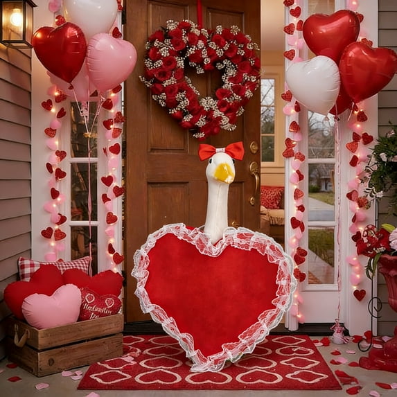 Valentine's Day Porch Goose Outfits Red Heart Lace Trim Porch Goose Clothes Fits 23" Plastic & Cement Goose Statue, Valentine's Day Decor for Outdoor Yard, Garden, Patio, Lawn and Pathway Decor