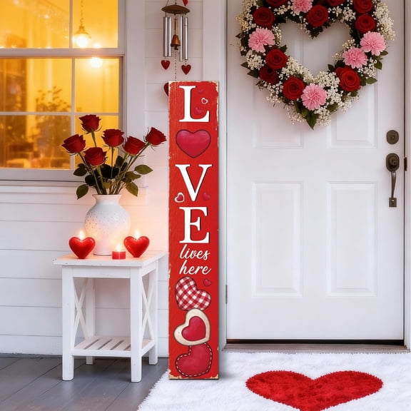 Valentine's Day Porch Sign Decor Love Hanging Standing Wooden Decorative Signs Plaques for Lawn Garden Front Door Farmhouse Outdoor Indoor Love Lives Here Sign Wedding Wall Craft Decor 47.2"H