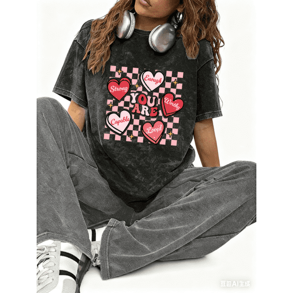 Valentine's Day Positive Quote Heart Checkerboard Wash Print Tshirt Graphic Tees Shirts S-3XL Pink Red Motivational Romantic Tops