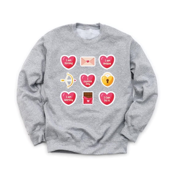 Valentine's Day Positive Sayings Unisex Gray Sweatshirt Chocolate Cupid Hearts Design Love Holiday Sweater