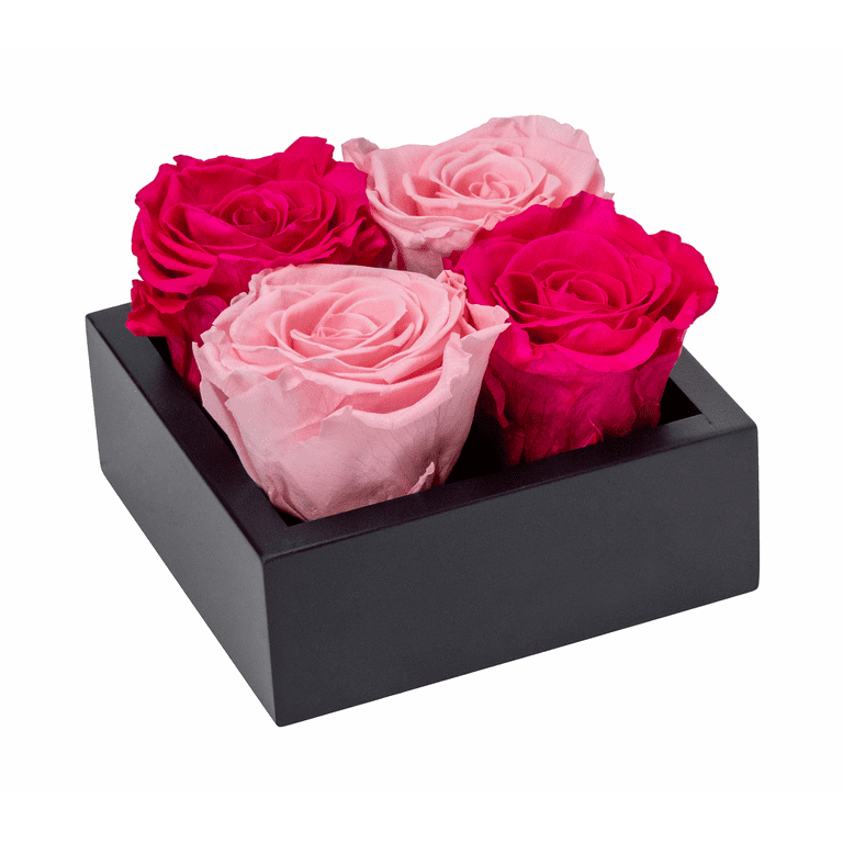Valentine's Day Preserved Roses in Wood Box, 4 Pink Mix Birthday Flowers,  Everlasting Flowers, Natural Forever Roses That Last for Years, Eternal