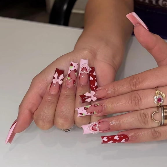 Valentines Day Press on Nails Long Red Spider Web Fake Nails Red French Tip False Nails with 3D Hearts Full Cover Valentine Glue on Nails Square Shape Artificial Nails Stick on Nails for Women 24Pcs