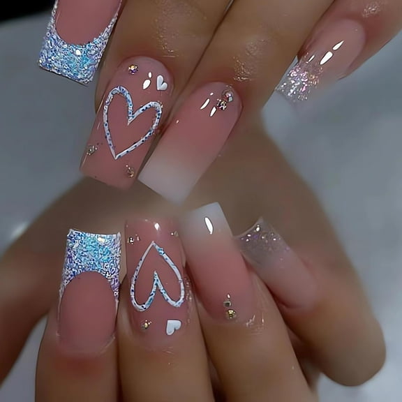 Valentine's Day Press on Nails Medium Length Square Glitter French Tip Manicure Press on Heart Design, Glossy Sparkly Love White Gradient French False Nails,Heart Nails Stick on Nails for Women