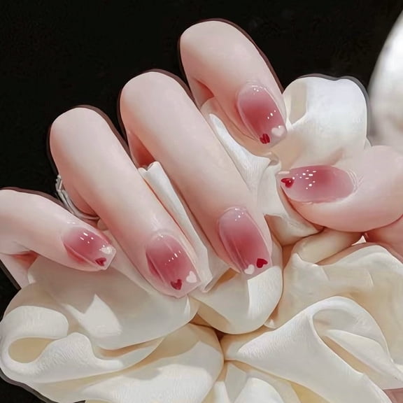 Valentine's Day Press on Nails Short Square, 24Pcs Pink Ombre Fake Nails with Heart Design, Reusable Glossy Stick on Nails for Women and Girls, Romantic Valentine's Day Gift for Her