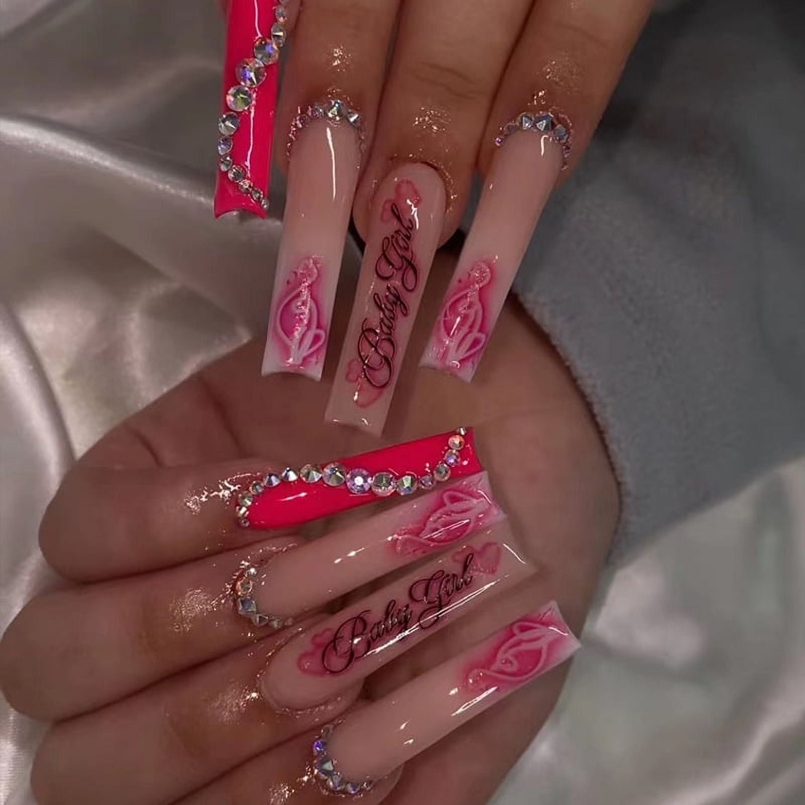 Valentine's Day Press On Nails Pink Fake Nails Long Glue On Nails With ...