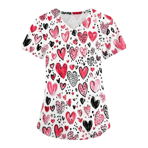 Valentine's Day Print Nursing Uniforms for Women Love Heart Printed V Neck Breathable T-Shirts Short Sleeve Professionals Soft Stretch Workwear Shirt with Pockets light pink 4X-Large