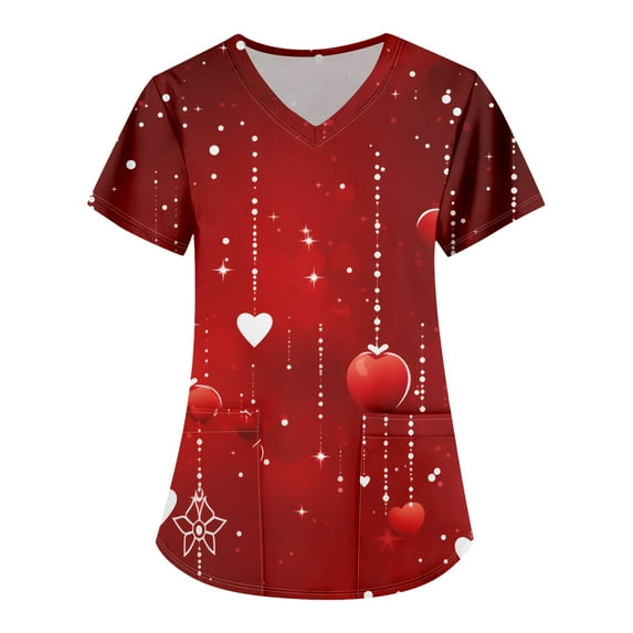 Valentine's Day Print Scrub Tops Women Love Heart Printed V-Neck Breathable Scrub Tops Short Sleeve Professionals Soft Stretch T-Shirts with Pockets X-Large