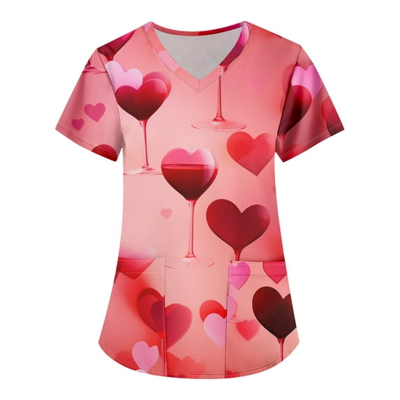 Valentine's Day Print Scrub Tops Women Love Heart Printed V-Neck Breathable Scrub Tops Short Sleeve Professionals Soft Stretch Workwear Shirt with Pockets red 3X-Large