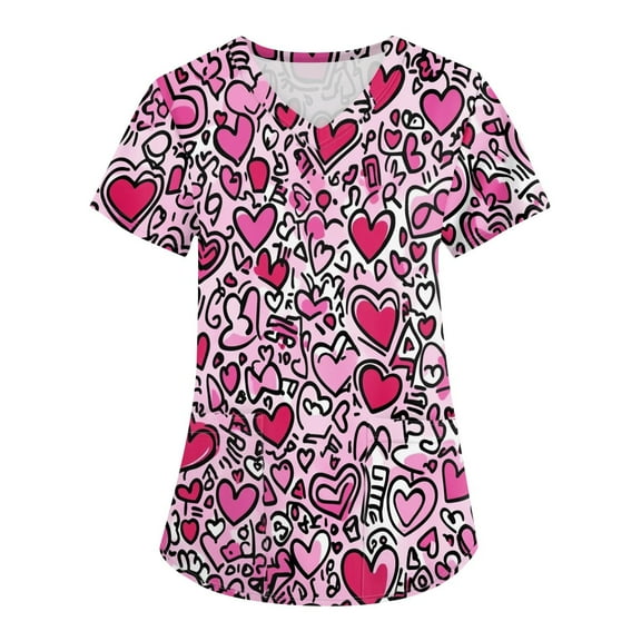 Valentine's Day Print Scrub Tops Women Love Heart Printed V-Neck Breathable T-Shirts Short Sleeve Professionals Soft Stretch Workwear Shirt with Pockets hot pink Small