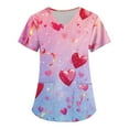 thumbnail image 1 of Valentine's Day Print Scrub Tops Women Love Heart Printed V Neck Breathable Workwear Shirt Short Sleeve Professionals Soft Stretch T-Shirts with Pockets purple Small, 1 of 3