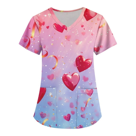Valentine's Day Print Scrub Tops Women Love Heart Printed V Neck Breathable Workwear Shirt Short Sleeve Professionals Soft Stretch T-Shirts with Pockets purple Small