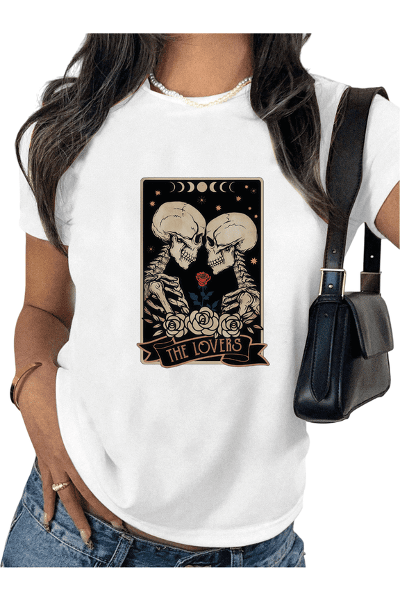 White "The Lovers Tarot Skeleton Roses" Gothic Valentine's Day Graphic Print Tshirt S-5XL Dark Love-Inspired Graphic Tees Shirts Tops