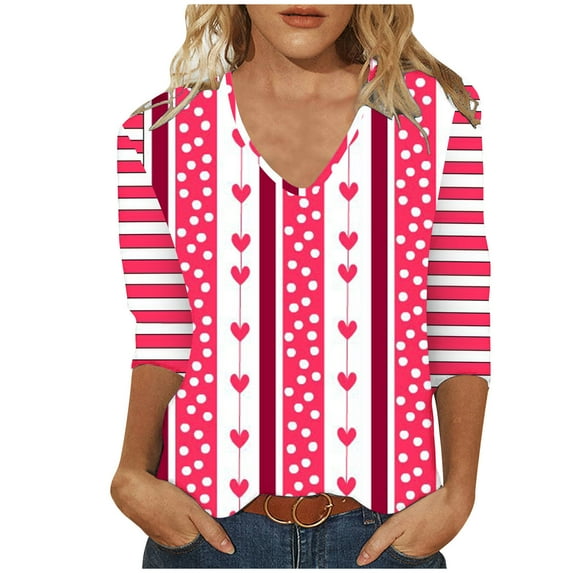 Valentine's Day Printed Tops for Women Fashion Cute 3/4 Sleeve Basic Tee Plus Size V Neck Pullover Shirts(Pink,XXXL)