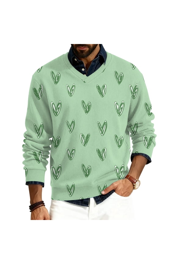 Valentine's Day Pullovers for Men Funny Love Heart Graphic Knit Lightweight V-neck Sweatshirts Valentines Pullover Tops