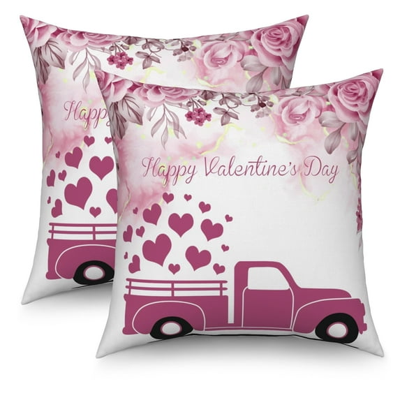 Valentine's Day Purple Throw Pillow Covers 18x18 Set of 2,Truck Love Heart Decorative Pillow Cases for Bedroom Sofa Couch