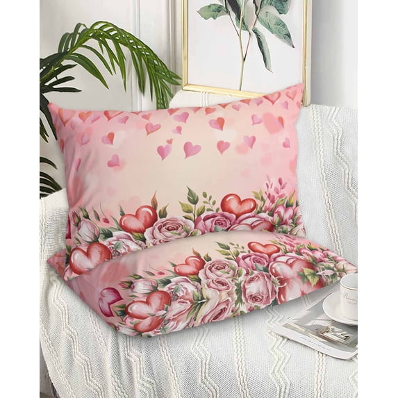 Valentine's Day Queen Pillow Cases Set of 2 - Microfiber Bed Throw Pillow Covers, Watercolor Roses Love Modern Boho Decorative Lumbar Pillow Cover with Envelope Closure for Sofa/Travel 20"x30"