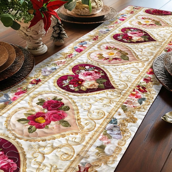 Valentine’s Day Quilt Table Runner With Heart Pattern, Red Pink Love Table Runner, Red Pink Romantic Table Decor for Dining Table