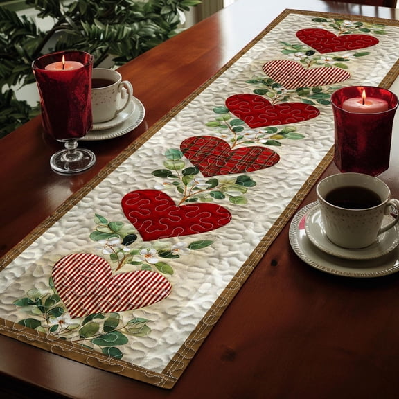 Valentine’s Day Quilt Table Runner With Heart Pattern, Red Pink Love Table Runner, Red Pink Romantic Table Decor for Dining Table