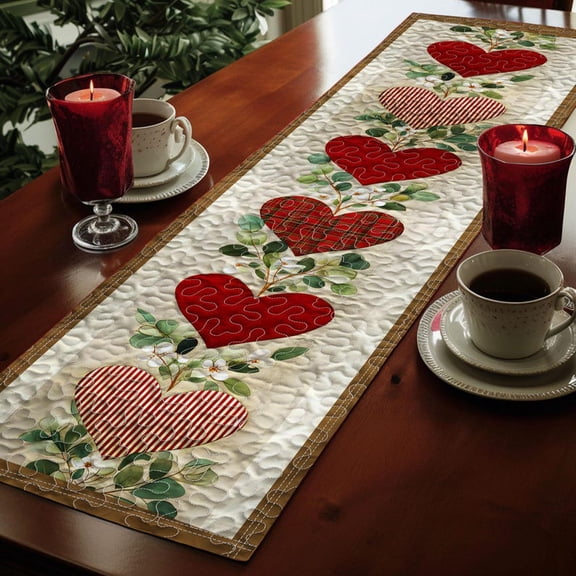 Valentines Day Quilt Table Runner with Heart Pattern, Red Pink Love Table Runner, Red Pink Romantic Table Decor for Dining Table