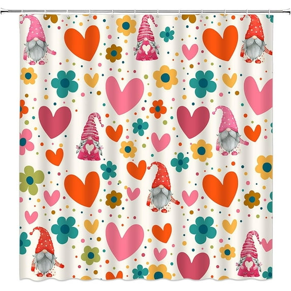 Valentine''s Day RV Shower Curtain Small Stall,Colorful Heart Flower Boho Cute Gnome Eff Love Couple Sweet Romantic Bathroom Decor Curtain with Hooks,
