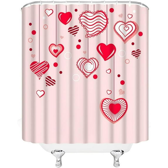 Valentine''s Day RV Shower Curtain Small Stall,Red Pink Heart Striped Love Couple Sweet Romantic Boho Bathroom Decor Curtain with Hooks,