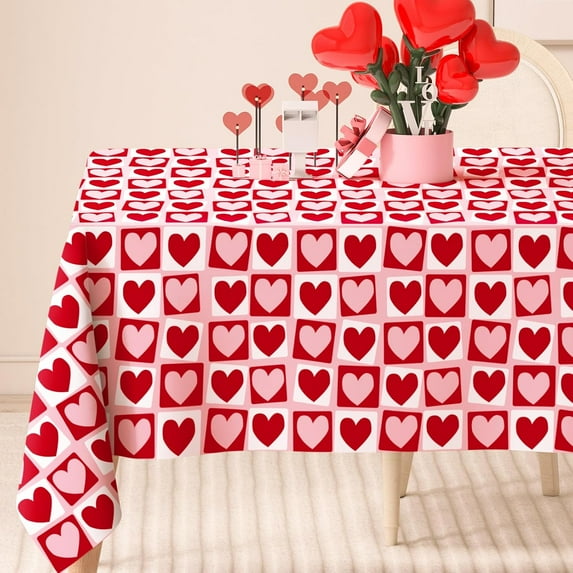 Valentine''s Day Rectangle Tablecloth Red Pink Hearts Plaids Fabric Table Cloth Washable Love Heart Table Cover for Wedding Anniversary, 60 x 84 Inch