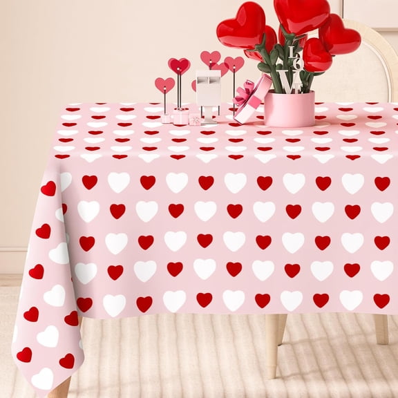Valentine''s Day Rectangle Tablecloth Red White Love Heart Fabric Table Cloth Washable Pink Table Cover for Wedding Anniversary, 60 x 104 Inch