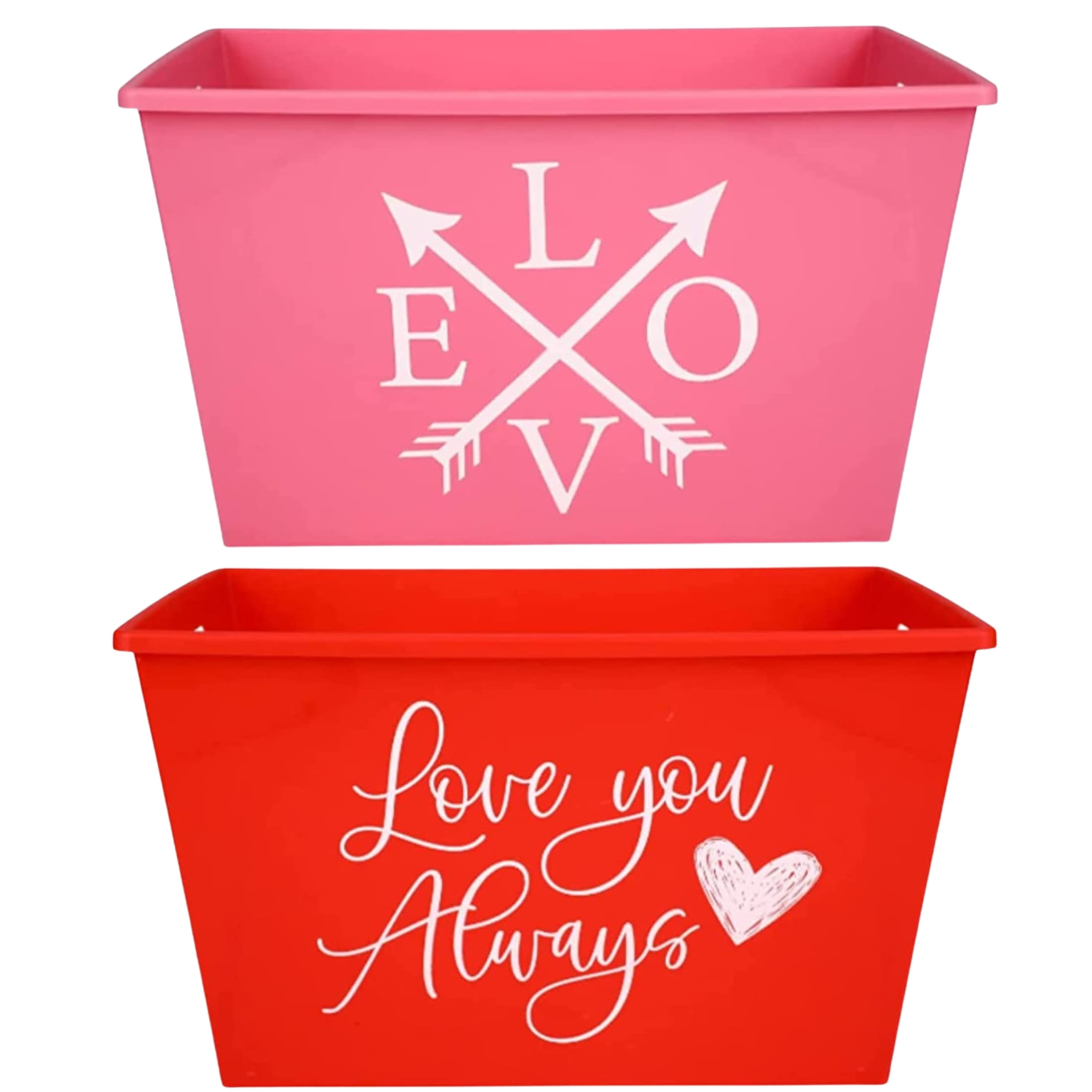 Valentine's Day Rectangular Bins, Red Pink Multi-Purpose Plastic Baskets with Handles, Home Kitchen Office School Storage Organizer, Closet Shelves Organization Gifts Party Decoration Gift Set of 2