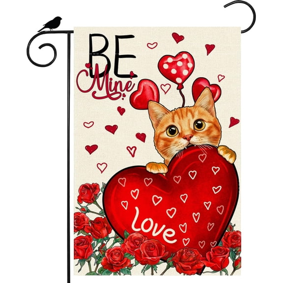 Valentines Day Red Big Love Heart Balloons Cat Garden Flag Romantic Roses Yard Flag 12x18 Inch Double Sided Small Mini Yard Outdoor Outside Holiday Decoration