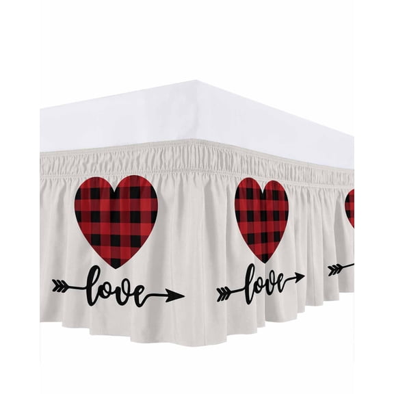 Valentine's Day Red Black Plaid Heart Love Arrow Bed Skirt Queen Size 16 Inch Drop, Adjustable Elastic Dust Ruffles Bedskirt for Queen Bed Wrap Around Pleated Mattress Frame Cover