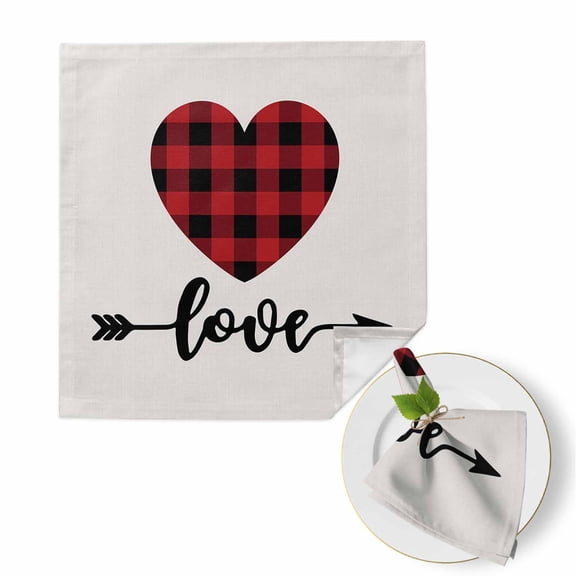 Valentine's Day Red Black Plaid Heart Love Arrow Cloth Napkins Set of 1 Soft Washable Square Dinner Napkins for Party Wedding Restaurant Hotel Cocktail 20x20 Inch