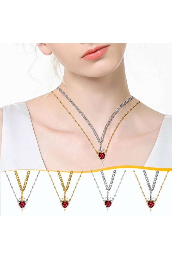 Valentine’s Day Red Crystal Heart Dagger Necklace – Gothic Layered Pendant for Women, Stainless Steel Jewelry, French Y2K Collarbone Chain Gift