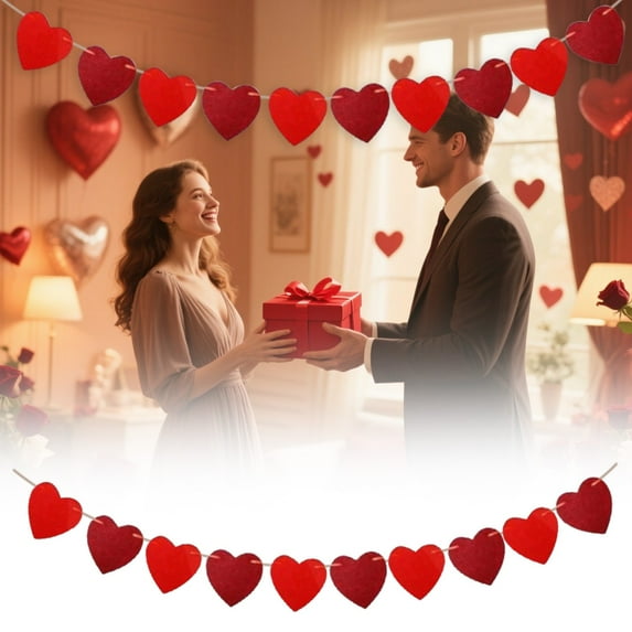 Valentine's Day Red Felt Heart Banner, Pre-Strung Valentines Decor, Red Felt Heart Hanging Banner, Red Heart String Banner for Indoor Outdoor Home Anniversary Wedding Decor