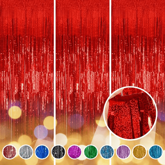 Valentine's Day Red Foil Fringe Curtains - 3 Pack Shiny Tinsel Backdrop for Party Decor, Birthday, Photo Booth, and Holiday Celebrations (3.2 x 8.2 ft)