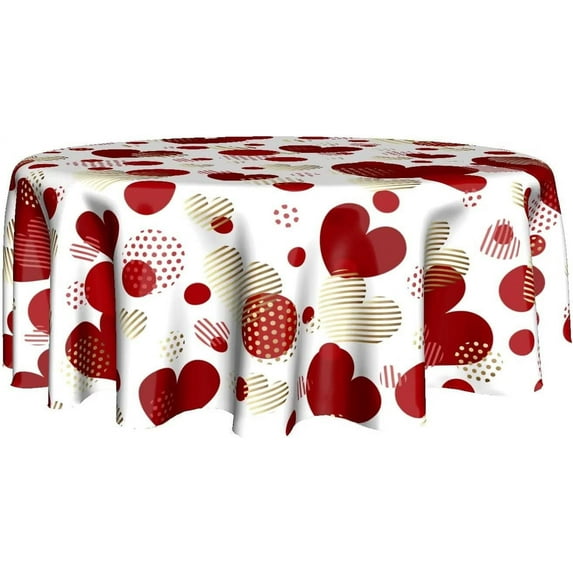Valentine''s Day Red and Gold Love Heart Tablecloth 60 Inch Round Decorative Sweet Romantic Watercolor Table Cloths Polyester Fabric Table Cover for Home Outdoor Wedding Anniversary Party