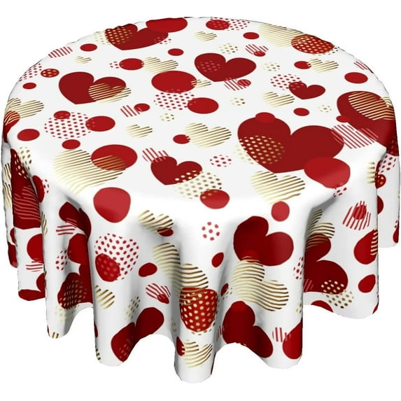 Valentine''s Day Red and Gold Love Heart Tablecloth 60 Inch Round Decorative Sweet Romantic Watercolor Table Cloths Polyester Fabric Table Cover for Home Outdoor Wedding Anniversary Party