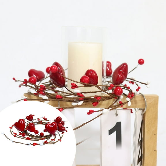 Valentine's Day Red Heart Candle Ring 8.7 Inch - Artificial Pip Berry Mini Wreath for Pillar Candles, Rustic Farmhouse Table Centerpiece, Romantic Wedding Dining Room Decor