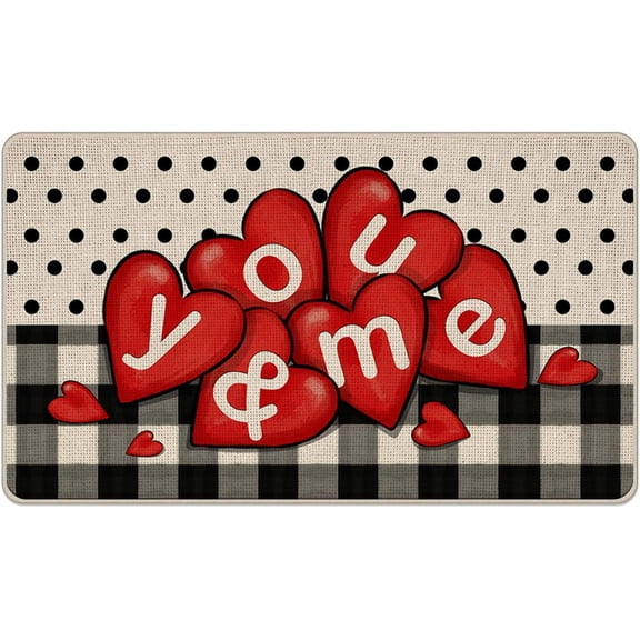 Valentine''s Day Red Heart Decorative Front Door Mat, Buffalo Plaid Polka Dot Farmhouse Doormat Indoor Outdoor Non-Slip Floor Entryway Rug, Anniversary Wedding Home Kitchen Decoration 17x30 Inch