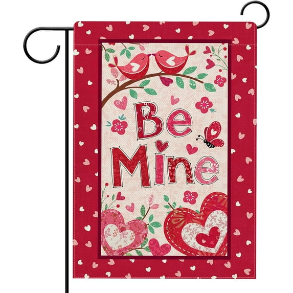 Valentine''s Day Red Love Heart Garden Flag Double Sided, Be Mine Bird Butterfly Flowers Decorative Yard Outdoor Home Small Decor, Anniversary Wedding Holiday Outside House Decoration 12.5 x 18