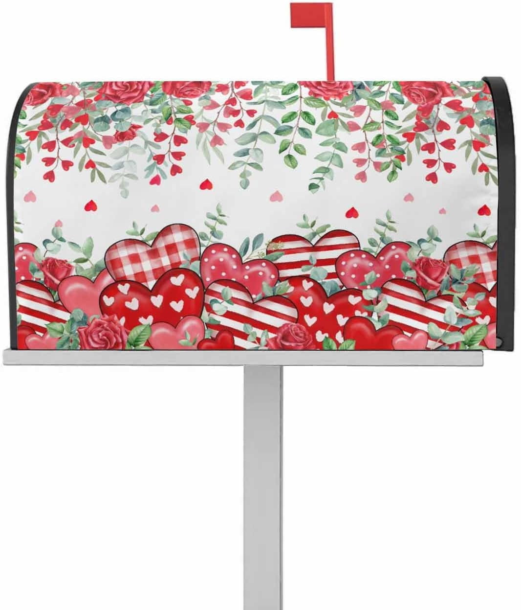 Valentine''s Day Red Love Heart Mailbox Cover Rose Floral Magnetic Mailbox Wraps, Eucalyptus Leaves Mailbox Covers Large Size 21x25.5 Inch Mail Wrap Post Letter Box Decoration for Outdoor Gardern Yard