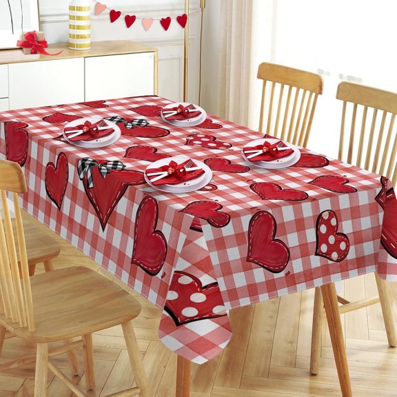 Valentine''s Day Red Love Heart Rectangle Tablecloth 60x120 Inch, Buffalo Plaid Polka Dot Farmhouse Decorative Table Cloth Dining Table Cover, Anniversary Wedding Dinner Party Picnic Decoration