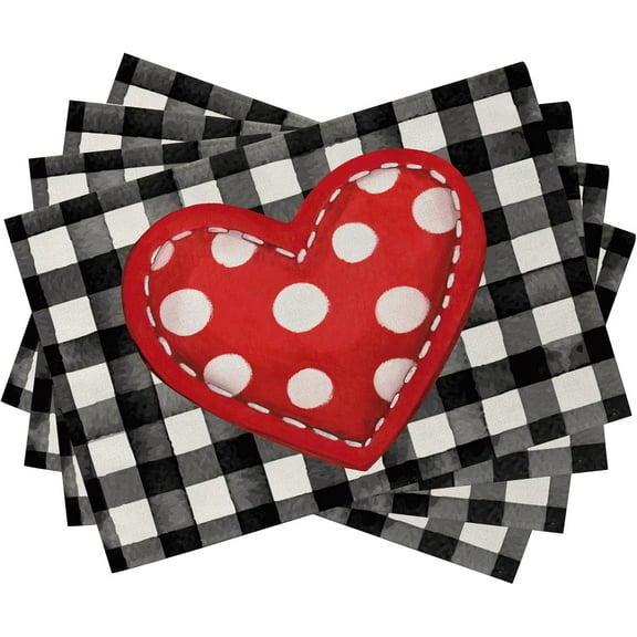 Valentine''s Day Red Love Hearts Placemats Set of 4, Black White Buffalo Plaid Check Farmhouse Dining Table Place Mats, Polka Dots Anniversary Wedding Kitchen Decor Home Decoration 12 x 18 Inch