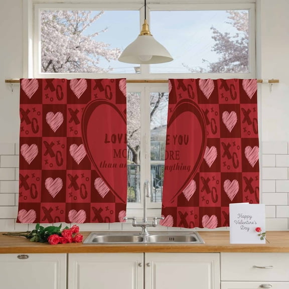 Valentine's Day Red Love Pink Heart Romantic Quote Chiffon Sheer Curtains 45 Inches Long, XO Buffalo Grid 2 Rod Pocket Window Treatment Voile Drapes Curtains for Living Room Bedroom,2 Panels, 52x45In