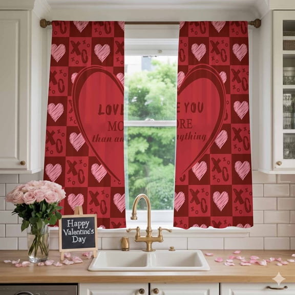 Valentine's Day Red Love Pink Heart Romantic Quote Chiffon Sheer Curtains 72 Inches Long, XO Buffalo Grid 2 Rod Pocket Window Treatment Voile Drapes Curtains for Living Room Bedroom,2 Panels, 52x72In