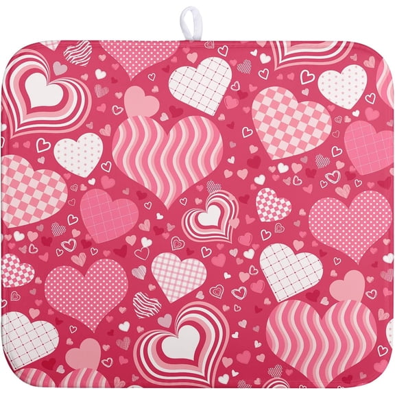 Valentine''s Day Red Pink Love Heart Drying Mat for Kitchen Counter - Absorbent Microfiber Dish Drainer Mats - Medium Drying Pad - 16x18 Inch