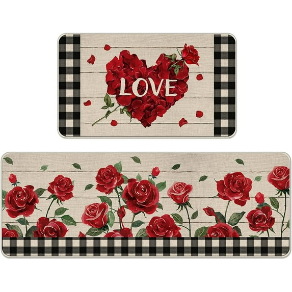 Valentine''s Day Red Rose Flower Kitchen Rugs Set of 2, Love Floral Buffalo Plaid Check Farmhouse Kitchen Mats Decor, Anniversary Wedding Floor Door Mat Home Decorations -17x29 and 17x47 Inch