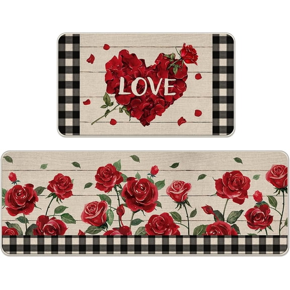 Valentine''s Day Red Rose Flower Kitchen Rugs Set of 2, Love Floral Buffalo Plaid Check Farmhouse Kitchen Mats Decor, Anniversary Wedding Floor Door Mat Home Decorations -17x29 and 17x47 Inch