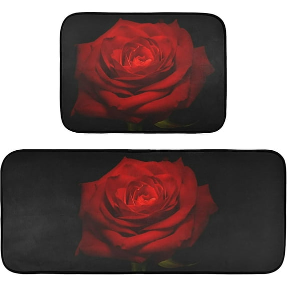 Valentine''s Day Red Rose Kitchen Rugs Sets of 2 Non Slip Kitchen Mat Polyester Area Rugs Set Floor Mats Washable Carpet Mat Comfort Standing Mat for Kitchen Laundry Sink Office